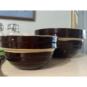 Vintage USA Stoneware Mixing Bowls Set – Brown Drip Glaze 9” 6” Farmhouse Decor
